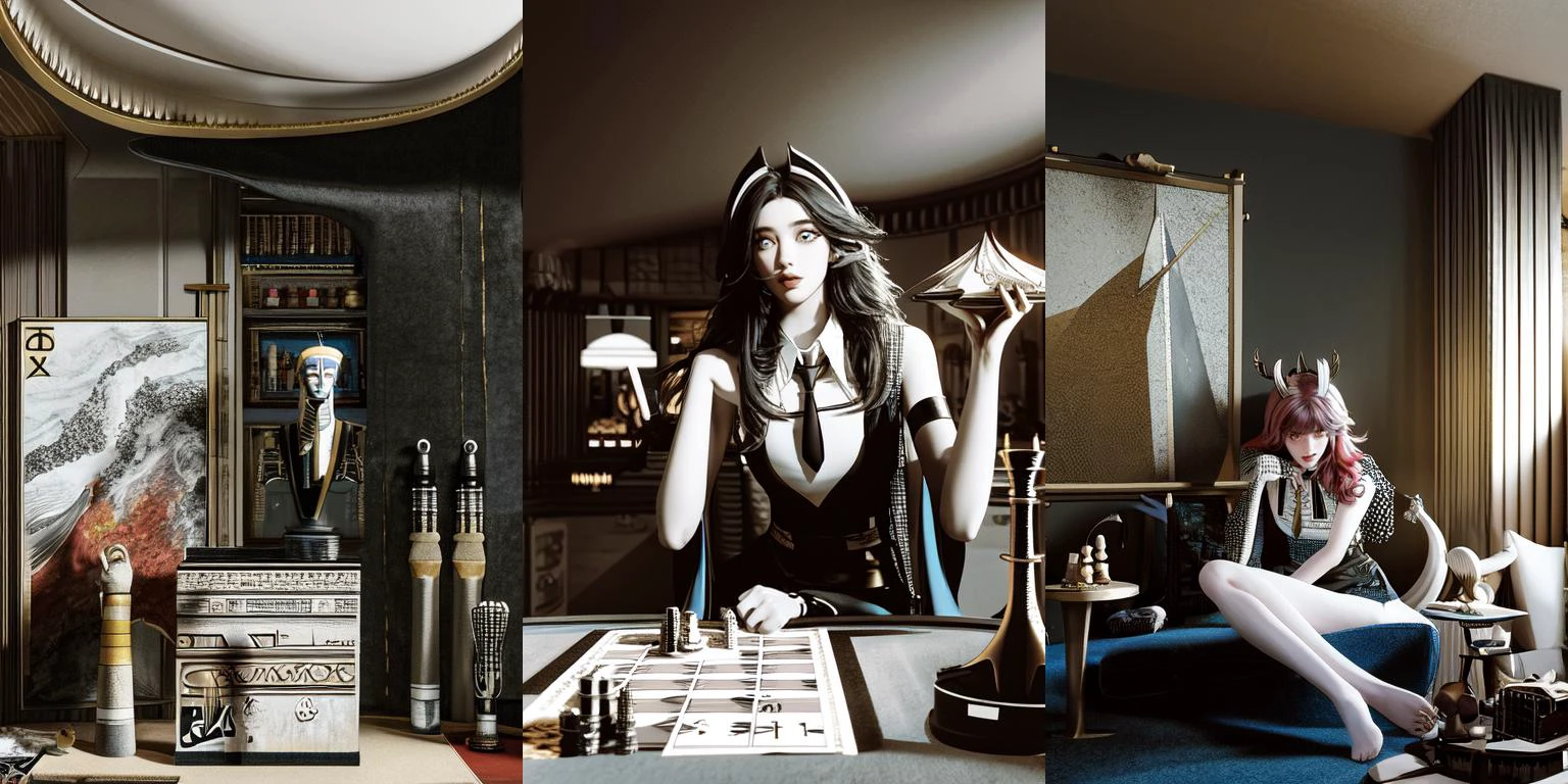 (otherworldly, otherworldly atmosphere, otherworldly appearance), highly insanely detailed, masterpiece, top quality, best quality, highres, 4k, 8k, RAW photo, ((ancient egyptian theme:1.2)), 
(long_hair, long hair, random colors hair, glowing hair, hair over one eye, long messy hair), 
(eyelashes, eyeliner, eyeshadow, eyelashes), 
collar, earrings, jewelry, necklace, armlet, 
tentacle, (underwater), nsfw, 
Homestay, Resort, Guest House, 
building, structure, still life, swirling energy, 
action pose, 
[solo,1girl, absurdres, highres, official wallpaper, poster, wallpaper,masterpiece, best quality, (illustration, realistic), perfect details, highest detailed, extreme detailed,dramatic light], <lora:etti:0.8>, etti, (collared skirt, shorts, necktie,horns), (casino, dice, table, card, chess piece, money), (sitting, crossed legs, thinking), (fantasy world)