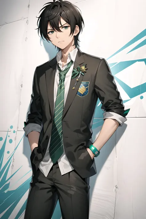 kougami taiga\(king of prism\), solo, looking at viewer, 1boy, cowboy shot, sulky, black hair, green eyes, male focus, school uniform, green necktie, gakuran, bracelet, black jacket, badge, white shirt, collared shirt, wristband, black pants, stand against the wall, graffiti wall, hands in pockets