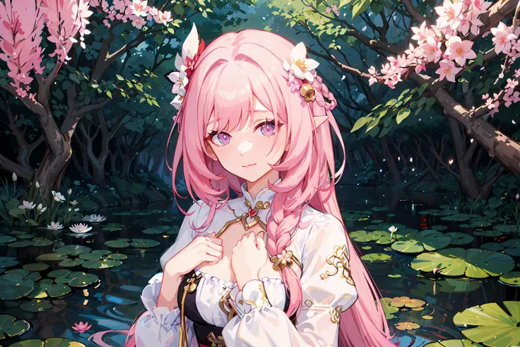 (Highest picture quality),(Master's work),(ultra-detailed),(Detailed eye description:1.2),masterpiece,best quality,beautiful detailed eyes and face,high quality hands,beautiful lines,depth of field,
1girl,looking at viewer,solo,pink hair,solo,long hair,flower,tree,water,lily pad,hair flower,dress,hair ornament,outdoors,long sleeves,pond,bangs,white dress,braid,puffy long sleeves,pink eyes,white flower,nature,(closed mouth),pink flower,puffy sleeves,lake,one hand on chest,
elysia-CNY,