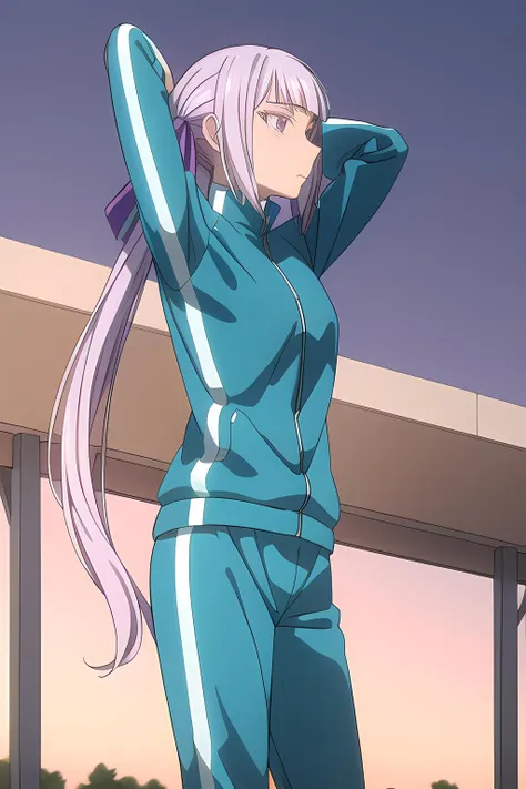 ((masterpiece)), (best quality), (official art, extremely detailed CG unity 8k wallpaper, highly detailed, shiny skin, vivid color), <lora:add_detail_doppelpunkt_1_0:0.25>, <lora:Philomela:0.8>, Philomela, sport outfit:1, blue tracksuit:1.5, two long ponytails, purple hair ribbons, detailed eyes, sad, flexing, stretching, (full body:0.6), (school grounds background:1.2),