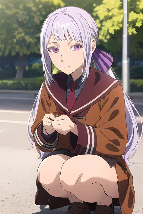 ((masterpiece)), (best quality), (official art, extremely detailed CG unity 8k wallpaper, highly detailed, shiny skin, vivid color), <lora:add_detail_doppelpunkt_1_0:0.25>, <lora:Philomela:0.8>, Philomela, school outfit, two long ponytails, purple hair ribbons, detailed eyes, squat, (full body:0.6), (school grounds background:1.2),
