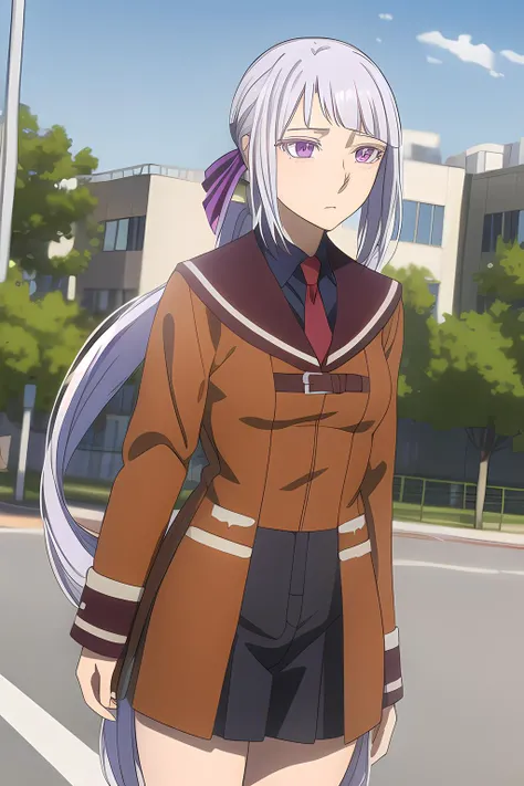 ((masterpiece)), (best quality), (official art, extremely detailed CG unity 8k wallpaper, highly detailed, shiny skin, vivid color), <lora:add_detail_doppelpunkt_1_0:0.25>, <lora:Philomela:0.8>, Philomela, school outfit, two long ponytails, purple hair ribbons, detailed eyes, sad, bows, (full body:0.6), (school grounds background:1.2),