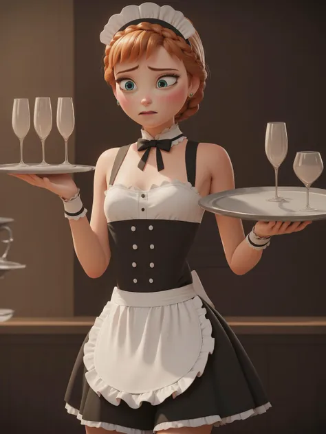 score_9, score_8_up, score_7_up, score_6_up, score_5_up, score_4_up, 1girl, solo, braid, Anna, attenuative maid, waiting for orders, standing at attention, hands by thighs, wearing sexy maid outfit, holding serving platter of drinks, submissive, earrings, small breasts, aroused, embarrased , seductive, bare shoulders, bare arms, thighs,<lora:Anna_-_Frozen_Pony:1>