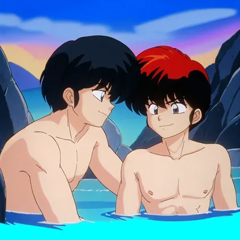 2boys, yaoi, seductive smile, naughty face, short_hair, nude, topless male, multicolored hair, imminent penetration, <lora:ranma_style_v2.5:0.6>