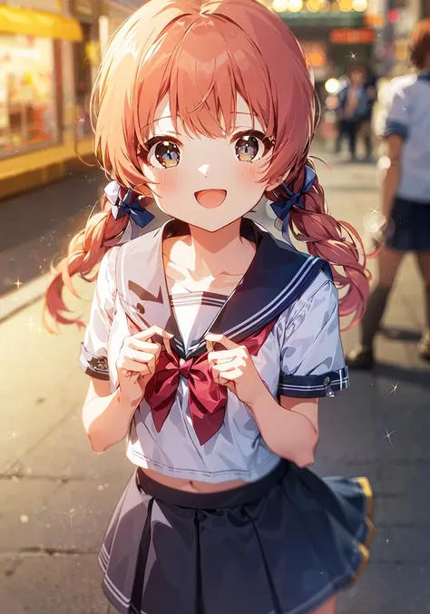 mirishita style, (best quality, 8K, masterpiece, ultra detailed:1.2), night, light particles, blurry, blurry background, blurry foreground, sparkle, neon lights, crowded street, starry sky, constellation,
1girl, solo, skirt, smile, looking at viewer, white sailor collar, blue shirt, sailor collar, blue skirt, pleated skirt, short sleeves, :d, shirt, school uniform, blush, serafuku, collarbone, bow, ribbon, blue bow