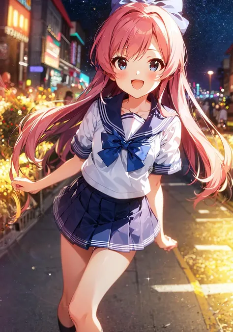 mirishita style, (best quality, 8K, masterpiece, ultra detailed:1.2), night, light particles, blurry, blurry background, blurry foreground, sparkle, neon lights, crowded street, starry sky, constellation,
1girl, solo, skirt, smile, looking at viewer, white sailor collar, blue shirt, sailor collar, blue skirt, pleated skirt, short sleeves, :d, shirt, school uniform, blush, serafuku, collarbone, bow, ribbon, blue bow