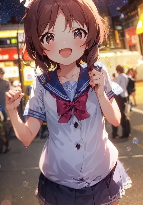 mirishita style, (best quality, 8K, masterpiece, ultra detailed:1.2), night, light particles, blurry, blurry background, blurry foreground, sparkle, neon lights, crowded street, starry sky, constellation,
1girl, solo, skirt, smile, looking at viewer, white sailor collar, blue shirt, sailor collar, blue skirt, pleated skirt, short sleeves, :d, shirt, school uniform, blush, serafuku, collarbone, bow, ribbon, blue bow
pregnant, drunk, sleepy, blush, light smile