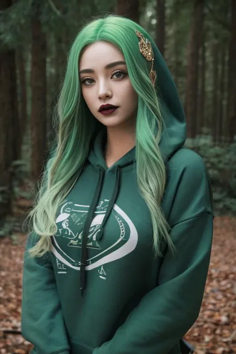 photography of a gothic elf, upper body, green hair, perfect eyes, intricate details, forest, realism, oversized hoodie <lora:edgGallianoHoodies:0.8> hoodie, ,edgJG fashion, get creative