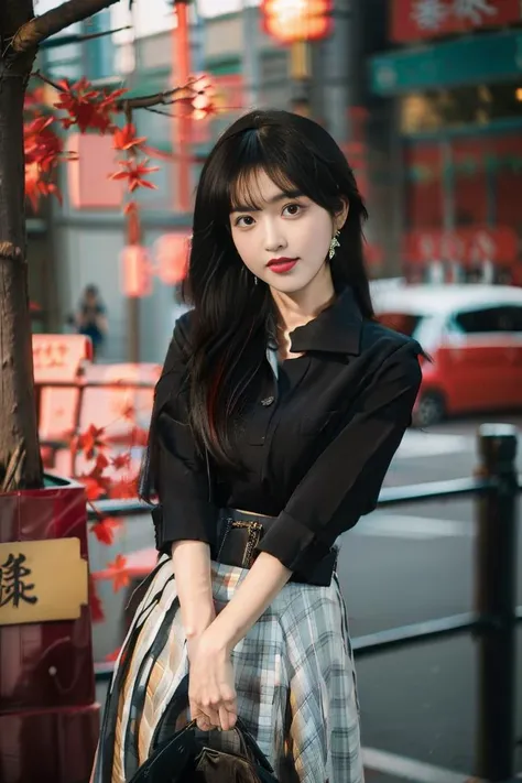 1girl, Chinese, asian, black hair, long hair, office lady, cityscape, tokyo, outdoors, black collared shirt, white skirt, earrings, looking at the viewer, crossed arms,