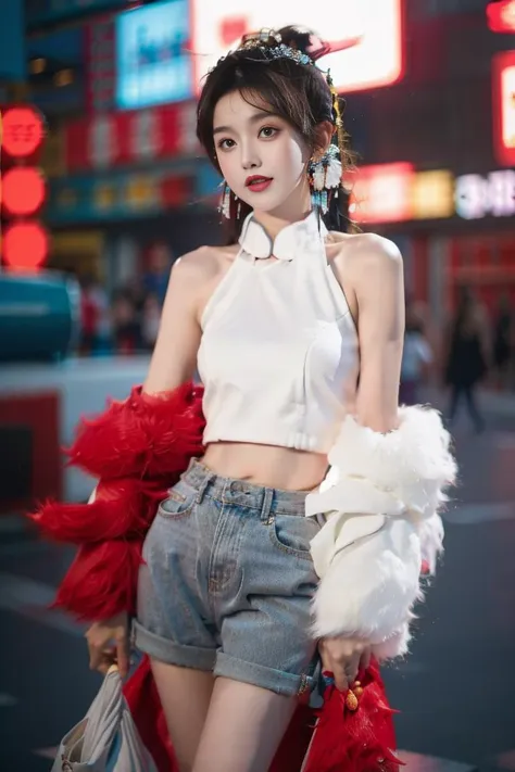 1girl, Chinese, wearing white crop top, grey jeans, earrings, with a background of Times Square. upper body, 8k, HDR, photorealistic, realistic, slim legs, looking at viewer, day,