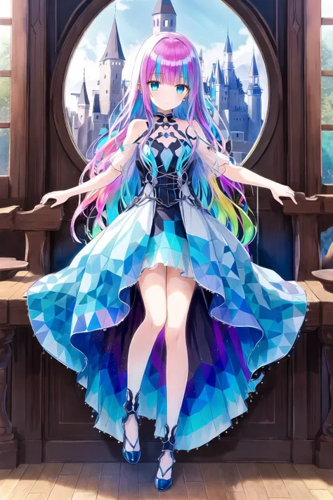 hiten,deep dark fantasy,full body,1girl,full detail,detailed eyes,colorful hair,long hair,blue eyes,bare body,white dress,colorful clothing,earings,polygon,unity,sidelocks,sideview,windows,mirror,castle,mirror focus