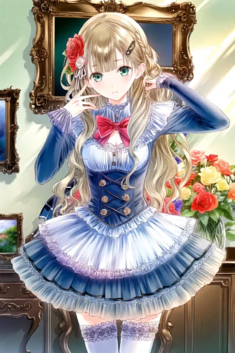 masterpiece, best quality, 1girl, solo, long hair, skirt,kishida mel, looking at viewer, hair ornament, thighhighs, flower, shirt, hair flower, blue shirt, bow, zettai ryouiki, long sleeves, white thighhighs, bangs, red flower, rose, colorful skirt, frills, black rose,yellow rose, parted lips, bowtie, ribbon, picture frame, center frills, frilled shirt, cowboy shot, hair ribbon, hands up, braid, indoors, standing, red bow, high-waist skirt, dutch angle, breasts, very long hair, pleated skirt, white ribbon, green eyes, blue skirt, medium breasts, bridal gauntlets,golden hair