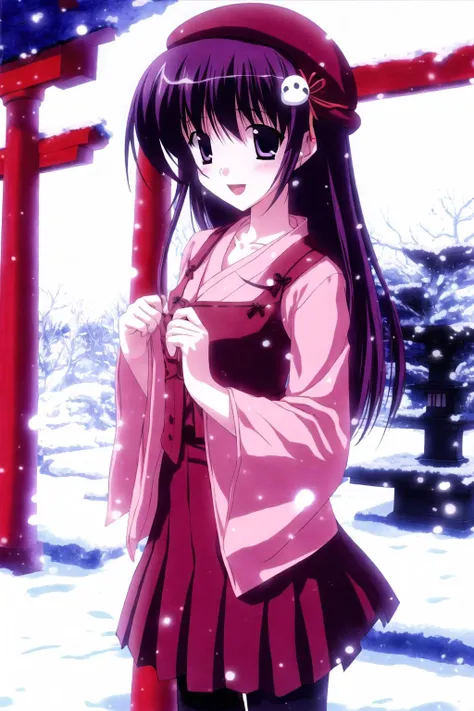 hiten, 1girl, zettai ryouiki, skirt, purple hair, sky print, beret, black thighhighs,long hair, (japanese clothes), (kimono), snow, snowing, open mouth, hair ornament, hairband, smile, shrine,shihou matsuri