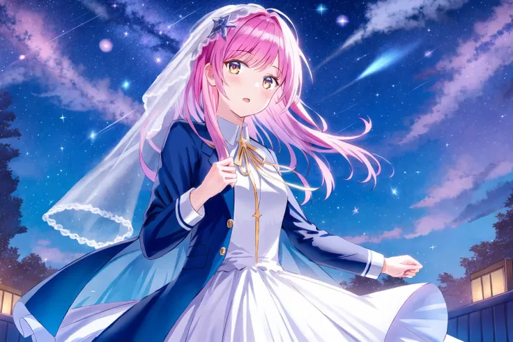 masterpiece,best quality,instrument,star_\(sky\),starry_sky,pink hair,star eyes,golden eyes,playing_instrument,night_sky,solo,night,curtains,1girl,space,neck_ribbon,starry_sky_print,dress,plectrum,sky,looking_at_viewer,ribbon,shooting_star,white_dress,colorful hair,wedding dress,long_sleeves,bangs,jacket