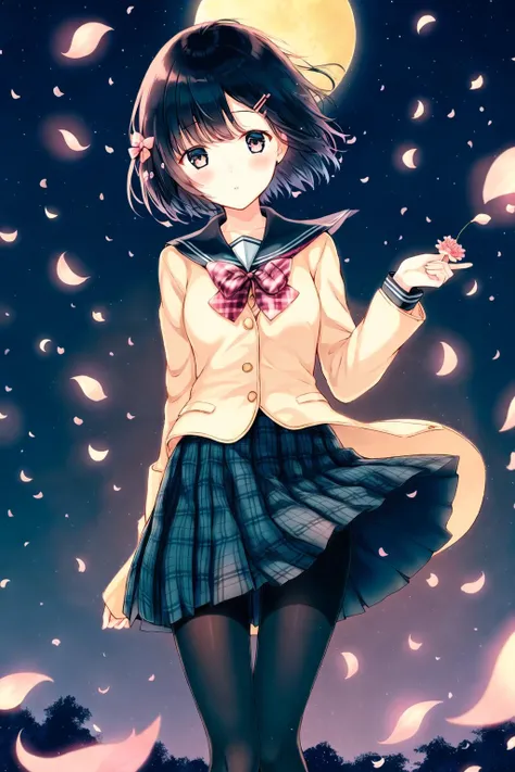 1girl,solo,skirt,short hair,hair ornament,pantyhose,school uniform,sky,blue sky,moon, night,black hair,blush,hairclip,looking at viewer,plaid,plaid skirt,pleated skirt,black pantyhose,petals,jacket,holding,bow, flower, floating hair,