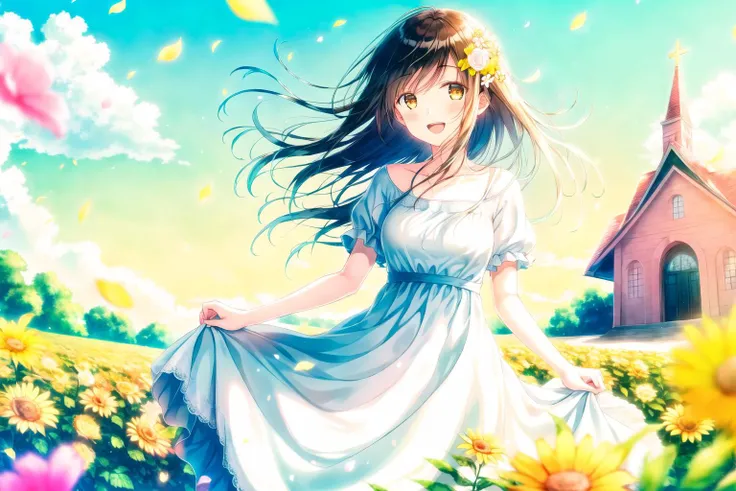 1girl, solo, dress, long hair, white dress, short sleeves, hair ornament, flower, petals, open mouth, bangs, puffy short sleeves, outdoors, day, smile, :d, hair flower, yellow flower,blue sky, puffy sleeves, cloud, floating hair, golden eyes, looking at viewer, building, green sky, breasts, blush, standing, blurry, depth of field, blurry foreground, sunlight, very long hair, skirt hold, medium breasts, collarbone, wind, black hair, rose, shiny hair, lens flare, brown hair, ribbon, church, hair between eyes, cloudy sky, pink flower, cross