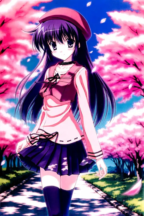yohaku, shihou matsuri, 1girl, solo, long hair, skirt, looking at viewer, school uniform, cherry blossoms, pleated skirt, smile, shirt, outdoors, railing, bangs, petals, sailor collar, blush, long sleeves, closed mouth, collar, water, blurry, zettai ryouiki, skirt, purple hair, sky print, beret, black thighhighs