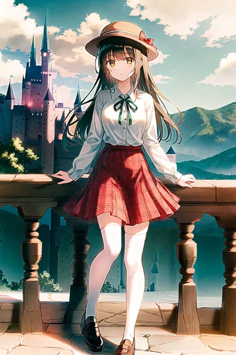 1girl, plaid, drinking_straw, plaid_skirt, thighhighs, solo,red skirt, long_hair, shoes, hat, long_sleeves, white_shirt, brown_eyes, green_skirt, castle, ribbon