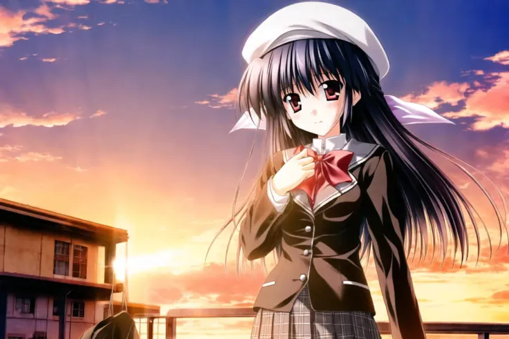 amamiya yuko,1girl,hat, solo, bow, outdoors, long hair, school uniform, looking at viewer, bangs, bag, white shirt, bowtie, sunset, plaid skirt, blazer, collared shirt,, blush, long sleeves, red eyes, plaid, pleated skirt, sky, closed mouth, standing, blurry, cloud, cowboy shot, backlighting, hand up, school bag,