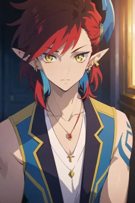 masterpiece, best quality, wallpaper, 1boy, solo, male focus, looking at viewer, upper body, depth of field, <lora:adelle_shironeko:0.72>, adelle_shironeko, red hair, yellow eyes, pointy ears, multicolored hair, , jewelry, necklace, ,