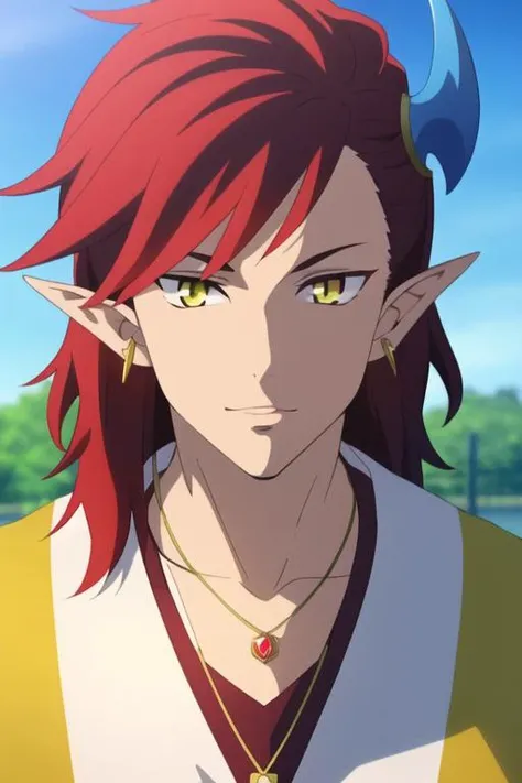 masterpiece, best quality, photorealistic, 1boy, solo, male focus, looking at viewer, upper body, depth of field, <lora:adelle_shironeko:0.74>, adelle_shironeko, red hair, yellow eyes, pointy ears, multicolored hair, hair ornament, jewelry, necklace, gym uniform, hat