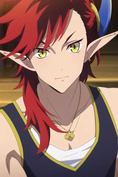 masterpiece, best quality, , 1boy, solo, male focus, looking at viewer, upper body, depth of field, <lora:adelle_shironeko:0.74>, adelle_shironeko, red hair, yellow eyes, pointy ears, multicolored hair, hair ornament, , tank top,