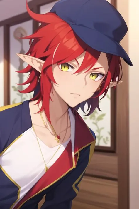 masterpiece, best quality, wallpaper, 1boy, solo, male focus, looking at viewer, , , <lora:adelle_shironeko:0.68>, adelle_shironeko, red hair, yellow eyes, pointy ears, multicolored hair, , , track suit, hat