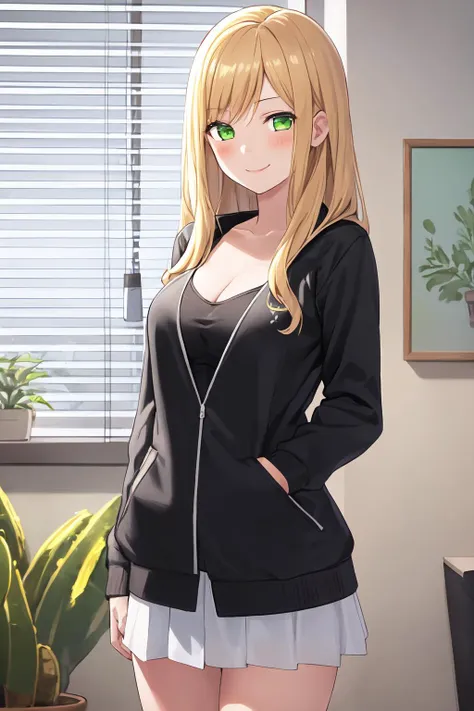 1girl, bamboo, bangs, black_jacket, blinds, blonde_hair, blush, bottle, breasts, cactus, cleavage, collarbone, cowboy_shot, cup, drinking_glass, eyebrows_visible_through_hair, flower_pot, green_eyes, indoors, jacket, leaf, long_hair, long_sleeves, looking_at_viewer, medium_breasts, open_clothes, open_jacket, palm_leaf, palm_tree, plant, potted_plant, shirt, smile, solo, standing, swept_bangs, tanabata, tanzaku, vase, white_shirt, window, (interview:1.3)
((best quality)), ((masterpiece)), (detailed), best quality, ultra detailed
<lora:AkaneKinoshitaMerge:0.7> Akane Kinoshita