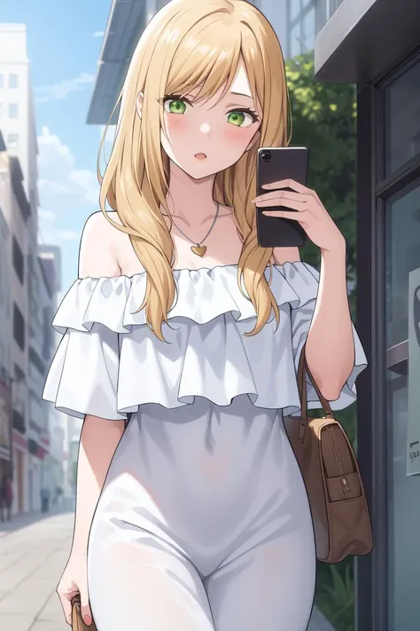 1girl, bag, blonde_hair, blue_sky, braid, building, cellphone, cityscape, cloud, day, dress, green_eyes, handbag, holding, holding_phone, jewelry, long_hair, looking_at_phone, necklace, off_shoulder, open_mouth, outdoors, phone, selfie, shoulder_bag, sky, smartphone, solo, white_dress
<lora:AkaneEternal2kV2:0.7>
((best quality)), ((masterpiece)), (detailed), ultra detailed