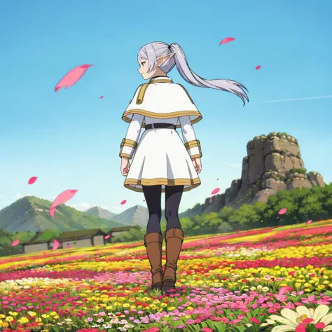 masterpiece,high quality,solo,from behind,looking back,
<lora:Frieren001:0.7>,smile,parted lips,
Frieren,1elfgirl,
capelet,jacket,striped shirt,
belt,skirt,
pantyhose,
boots,
flower,wind,sunshine,blur,
full body,flower field,petal,cloud,mountain,