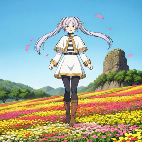 masterpiece,high quality,solo,
<lora:Frieren001:0.7>,smile,parted lips,
Frieren,1elfgirl,
capelet,jacket,striped shirt,
belt,skirt,
pantyhose,
boots,
flower,wind,sunshine,blur,
full body,flower field,petal,cloud,mountain,