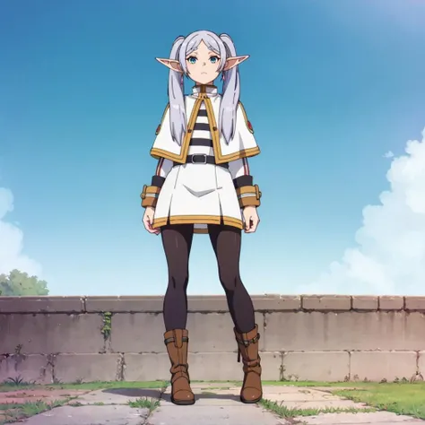 <lora:Frieren002:0.7>,solo,
Frieren,1elfgirl,
capelet,jacket,striped shirt,
belt,skirt,
pantyhose,
boots,
full body,
