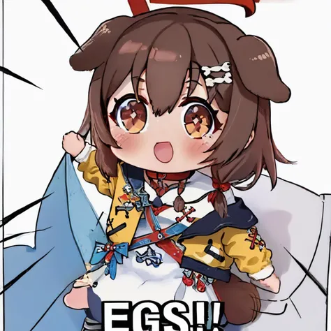 (masterpiece, best quality:1.2), chibi, english text, solo, 1girl, koronedefault, segs, yellow jacket, white dress, off shoulder, animal collar, low twin braids, bone hair ornament, dog tail <lora:korone:1> <lora:Segs:1>