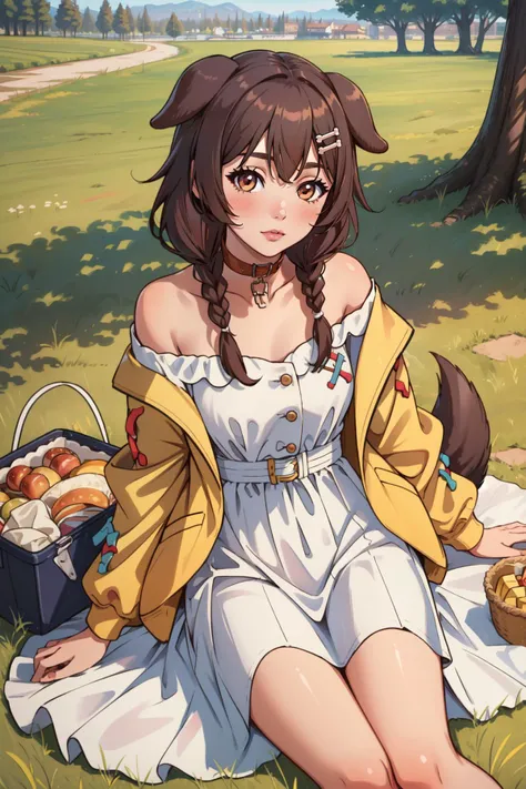 (masterpiece, best quality),  intricate details,
1girl,    <lora:inugami korone 7 outfits:0.8> koronedefault, yellow jacket, white dress, off shoulder, animal collar, low twin braids, bone hair ornament, dog tail, 
outdoors, grass, picnic, tree, sun, shadows,