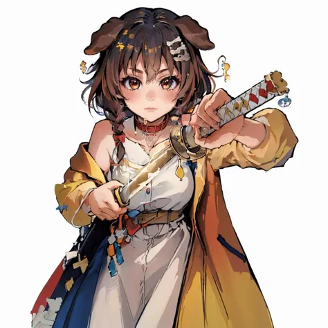 (masterpiece, best quality:1.2), solo, 1girl, koronedefault, :3, IncrsUnsheathingAKatanaMeme, sheath, holding sheath, yellow jacket, white dress, off shoulder, animal collar, low twin braids, bone hair ornament, dog tail <lora:korone:1> <lora:ChihiroUnsheathingAKatanaMeme:1>