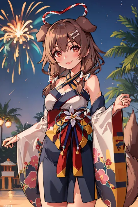 Highest quality, Highest quality, High resolution, masterpiece, 超High resolution, Detailed Background, lake, Night Sky, firework, Japanese Yukata, Absurd, Perfect Anatomy, Good lighting, Shadows in the movie(One girl, kemono, Furry Personification)various expressions, Upper Shot, Dynamic Angle,