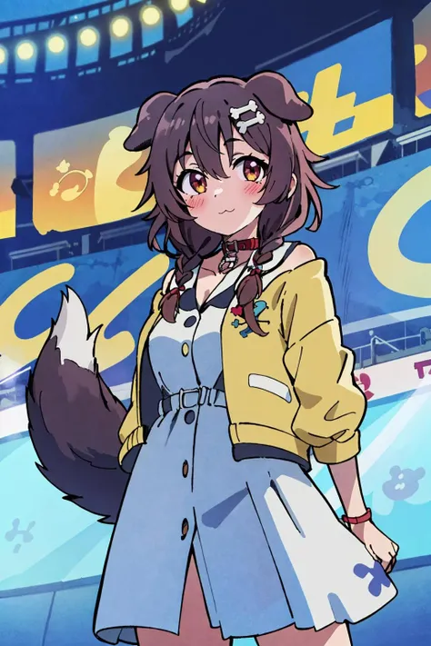 1girl, solo, stadium, standing, cowboy shot, :\3, looking at viewer, koronedefault, yellow jacket, white dress, off shoulder, animal collar, low twin braids, bone hair ornament, dog tail <lora:thicker lines anime:1> <lora:anime screencap:0.7> <lora:inugami korone 7 outfits:1>