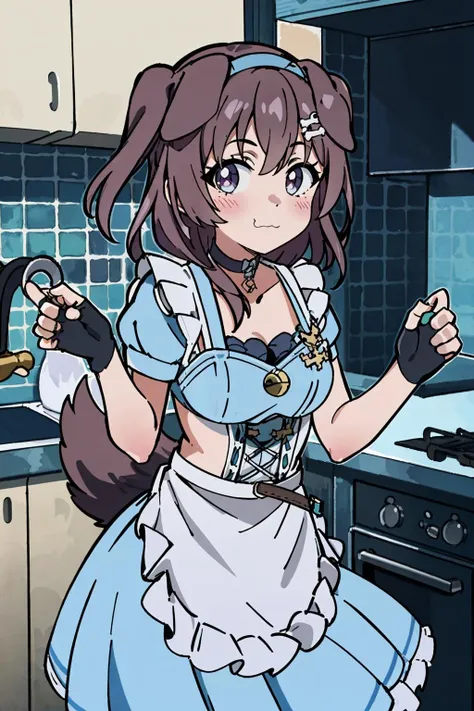 1girl, solo, cowboy shot, kitchen, :\3, looking at viewer, koroneblue, two side up, blue dress, white apron, black hairband, fingerless gloves, choker, frills, dog tail <lora:thicker lines anime:1> <lora:anime screencap:0.7> <lora:inugami korone 7 outfits:0.8>