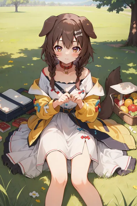 (masterpiece, best quality), intricate details,
1girl, <lora:inugami korone 7 outfits:0.8> koronedefault, yellow jacket, white dress, off shoulder, animal collar, low twin braids, bone hair ornament, dog tail,
outdoors, grass, picnic, tree, sun, shadows,
