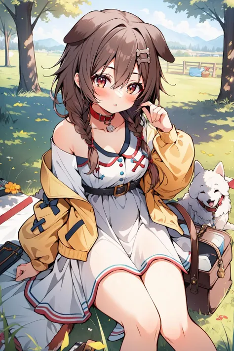 (masterpiece, best quality),  intricate details,
1girl,    <lora:inugami korone 7 outfits:0.8> koronedefault, yellow jacket, white dress, off shoulder, animal collar, low twin braids, bone hair ornament, dog tail, 
outdoors, grass, picnic, tree, sun, shadows,