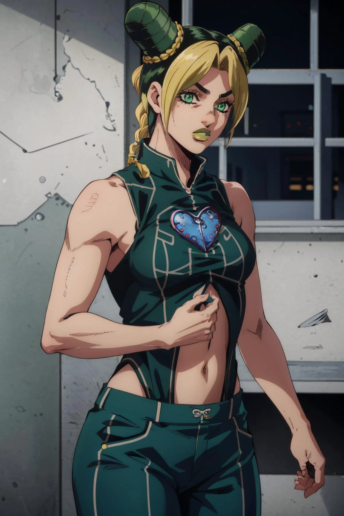 <lora:jolyne-09:0.9> jolyne, green eyes, lips, halterneck, pants,, short hair, bare arms, sleeveless
masterpiece, best quality, absurdres, prison,