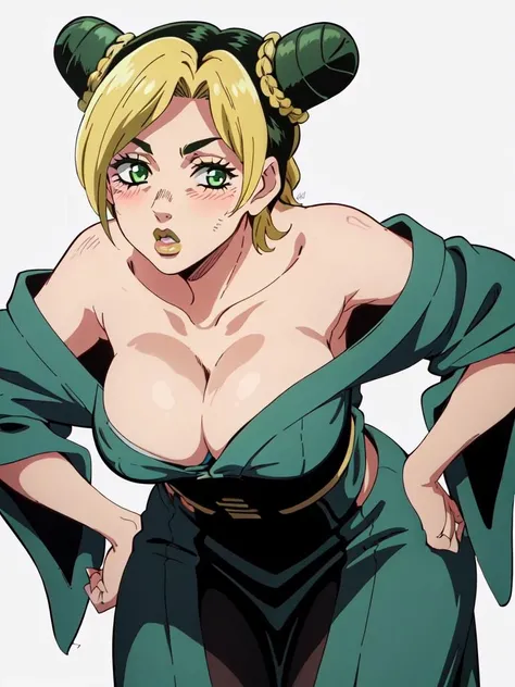 1girl, solo, jolyne, green eyes, lips, :o, blush, looking at viewer, kimono, strapless, off shoulder, hands on hips, leaning forward, <lora:jolyne-09:0.8>, simple background, cowboy shot, short hair, large breasts, cleavage
