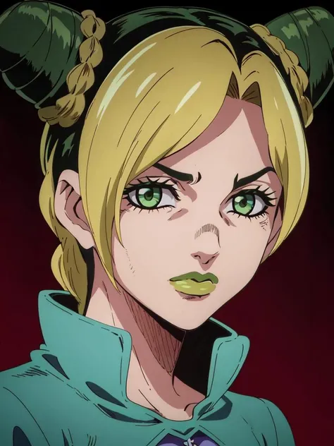 1girl, solo, jolyne, green eyes, lips, closed mouth, looking at viewer, halterneck, jacket, <lora:jolyne-09:0.8>, simple background, upper body, short hair