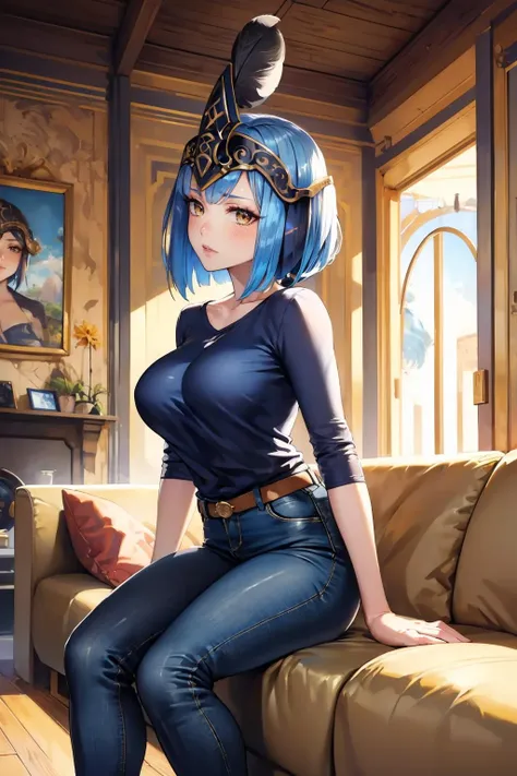 masterpiece, best quality, arete, feather, helmet, blue t-shirt, jeans, sitting, couch, looking at viewer, bored, large breasts, living room <lora:arete-nvwls-v1-000010:0.9>