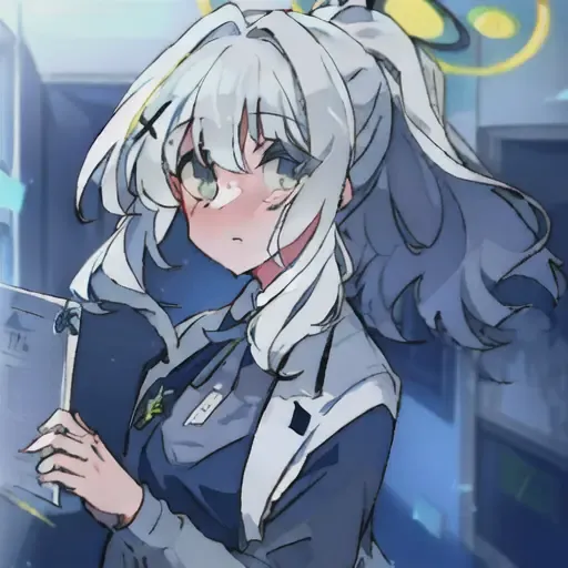 masterpiece, best quality, ultra-detailed, hare \(blue archive\), halo, 1girl, breasts, hair ornament, cross hair ornament, white hair, looking at viewer