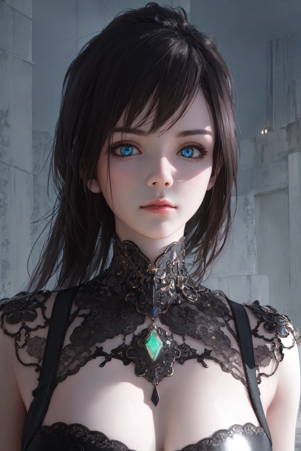 masterpiece, sidelighting, finely detailed beautiful eyes: 1.2),A full portrait of a beautiful post apocalyptic offworld nanotechnician, intricate, elegant, highly detailed, digital painting, artstation, concept art, smooth, sharp focus, illustration,(realistic), (3d face), glowing eyes, shiny hair, lustrous skin, solo, embarassed,upper body