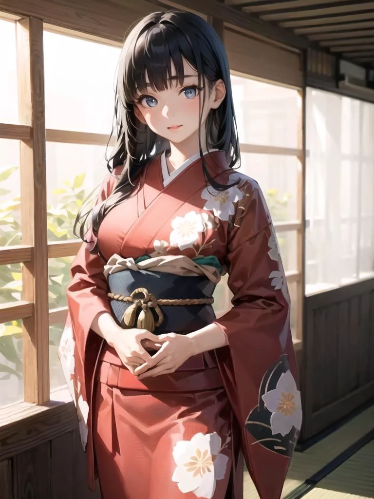 japanese girl, 14yo,asterpiece, sidelighting, finely detailed beautiful eyes: 1.2), portrait, realistic, 3d face, lustrous skin,
japanese red kimono, black long hair, blunt bangs,
Japanese house, standing, cowboy shot,
portrait,