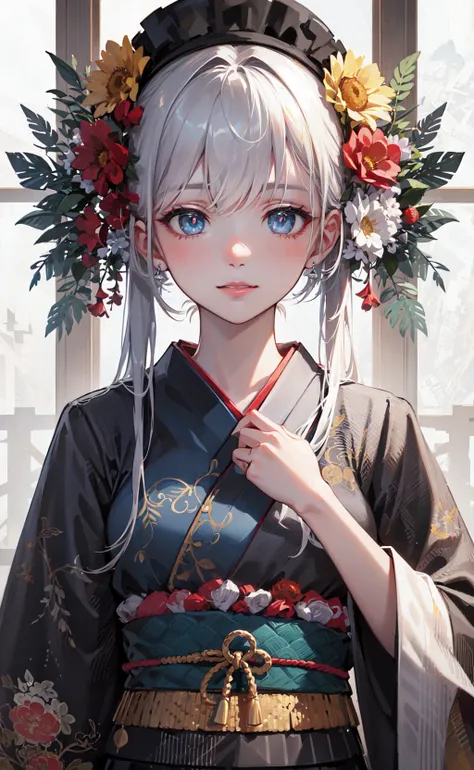 (masterpiece, sidelighting, finely detailed beautiful eyes: 1.2), masterpiece*portrait, realistic, 3d face, glowing eyes, shiny hair, lustrous skin, solo, looking at viewer, upper body, kimono,