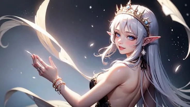 ((masterpiece, sidelighting, finely detailed beautiful eyes: 1.2)),1girl, idol, skinny , (long hair:1.2),  (nose blush), (smile:1.3), (elf ears:1.2),(young girl) small breasts,beautiful detailed eyes, heavy eye makeup,floating hair, physically-based rendering, slender waist, looking at viewer,Oily_skin, detailed face  , beautiful, face focus ,princess  clown  , jewely ,upper body shot ,jewelry headband ,ring earring , silver long luxury  princess dress,high detailed background(castle,snow, snowflake , winter town ), luxury forearm bracelet , snow dropping ,angle feather , angle wing on back,bright Halo , angle