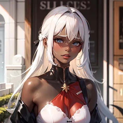 ((masterpiece)), (best quality), 1girl, sfw, black skin, dark skin, darkest skin, mad face, white teeth, white hair, detailed background:1.1, communist flag:1.2 (masterpiece, sidelighting, finely detailed beautiful eyes: 1.3), masterpiece*portrait, realistic, 3d face, lustrous skin, racism, slave, beautiful, adult woman, communism:1.2